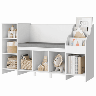 Homfa Kids Bookshelf With Reading & Seat Nook, 7 Cube Wooden Child Toy Organizer With Adjustable Shelf, 31.5'' H X 54.5'' W, White