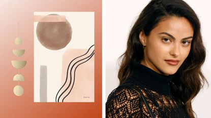 Wall art on a terracotta-colored gradient next to a closeup of Camila Mendes in a black lace top