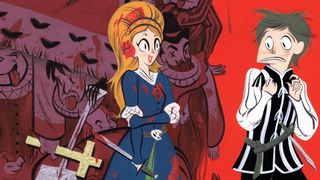 Ophelia holds a bloody dagger, the dead piled behind her