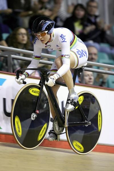Victoria Pendleton (Great Britain) ready to roll in her world championship jersey on the qualifying ride in the women's sprint.