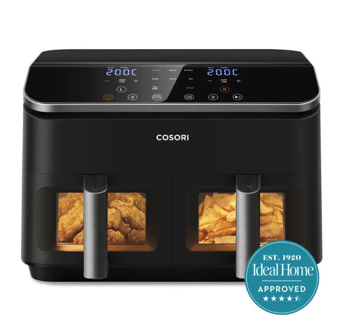 A black 2 drawer air fryer with silver handles and COSORI lettering with an Ideal Home approved 4.5 stars badge