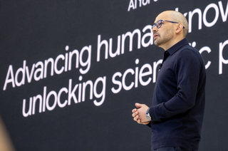 Demis Hassabis, CEO of DeepMind Technologies, addresses the crowd during Google's annual I/O developers conference in Mountain View, California on May 20, 2025. (Photo by Camille Cohen / AFP) (Photo by CAMILLE COHEN/AFP via Getty Images)