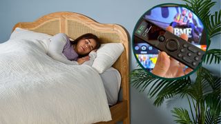 The image shows a dark haired woman asleep in bed. Inset is a picture of a TV remote control