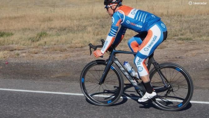 The Fuji Transonic aero road bike debuted this year at the Tour de France. We enjoyed the responsive ride. While stiff at the bottom bracket, the bike isn't overly harsh like some aero frames are