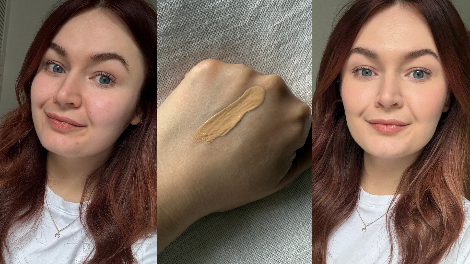 Trio of images showing Lucy before applying the Dior Forever Matte Foundation (left) a swatch of the product on the back of her hand (centre) and wearing the foundation (right)