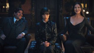 Luis Guzman, Jenna Ortega, Catherine Zeta-Jones in Wednesday as the Addams Family