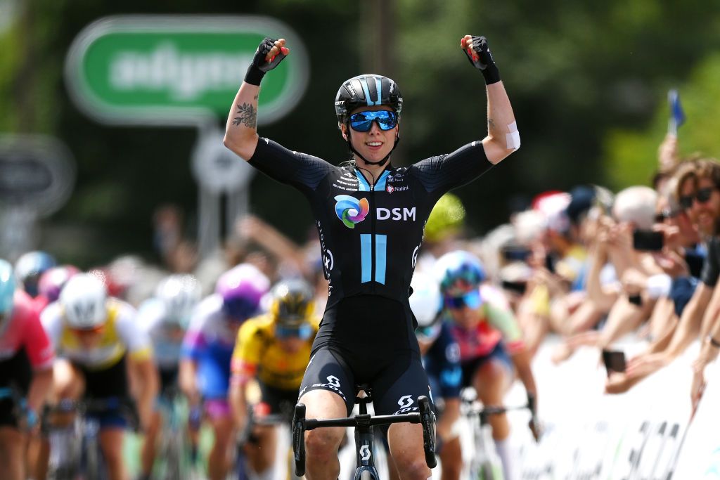 HARLOW ENGLAND JUNE 07 Lorena Wiebes of Netherlands and Team DSM celebrates at finish line as stage winner during the 8th The Womens Tour 2022 Stage 2 a 921km stage from Harlow to Harlow WomensTour UCIWWT on June 07 2022 in Harlow England Photo by Justin SetterfieldGetty Images