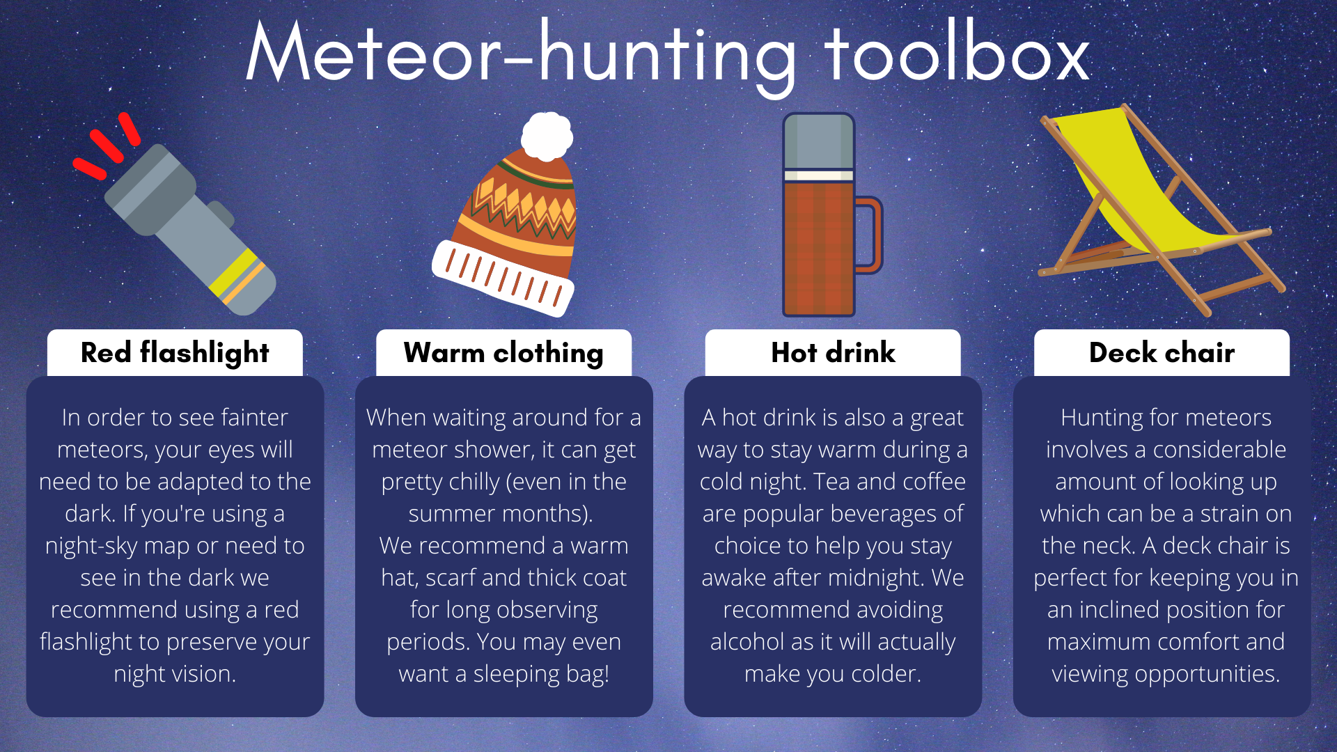 Graphic showing what you may need for your meteor hunting adventure it shows an image of a red flashlight, woolly hat, hot drink flask and a deckchair.