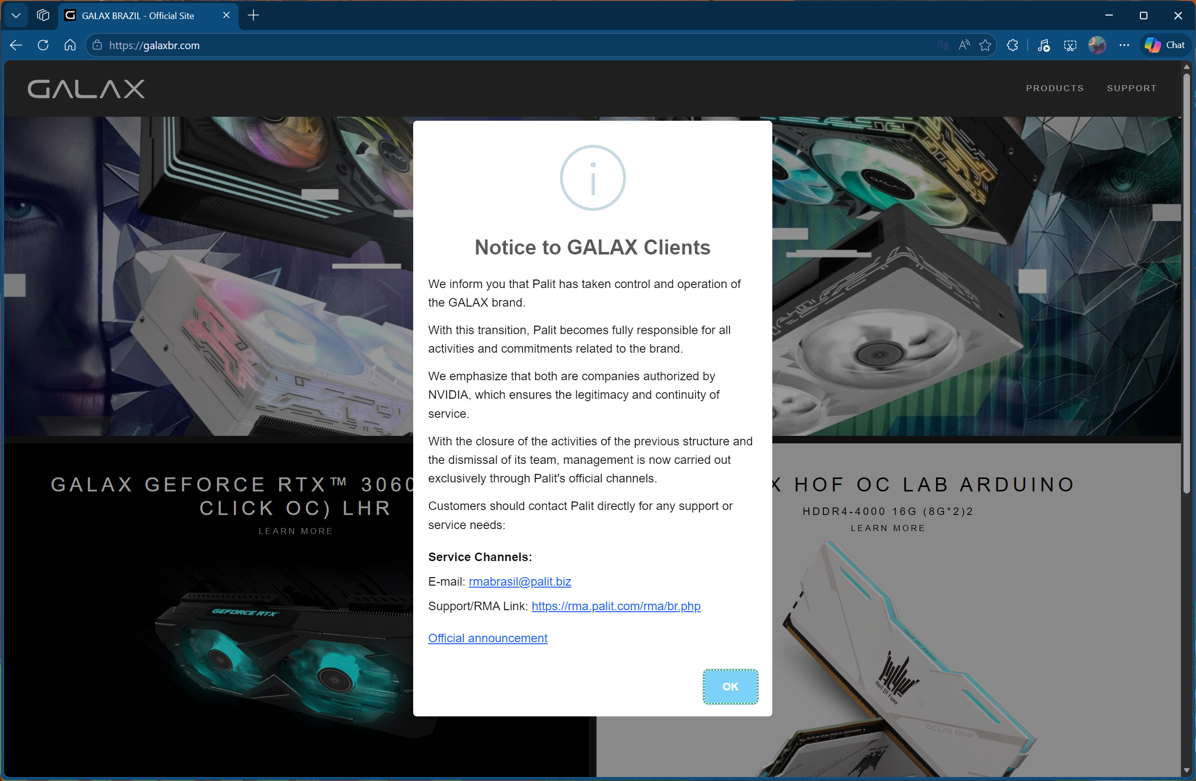 Galax Brazil informing customers that Palit has taken over the brand