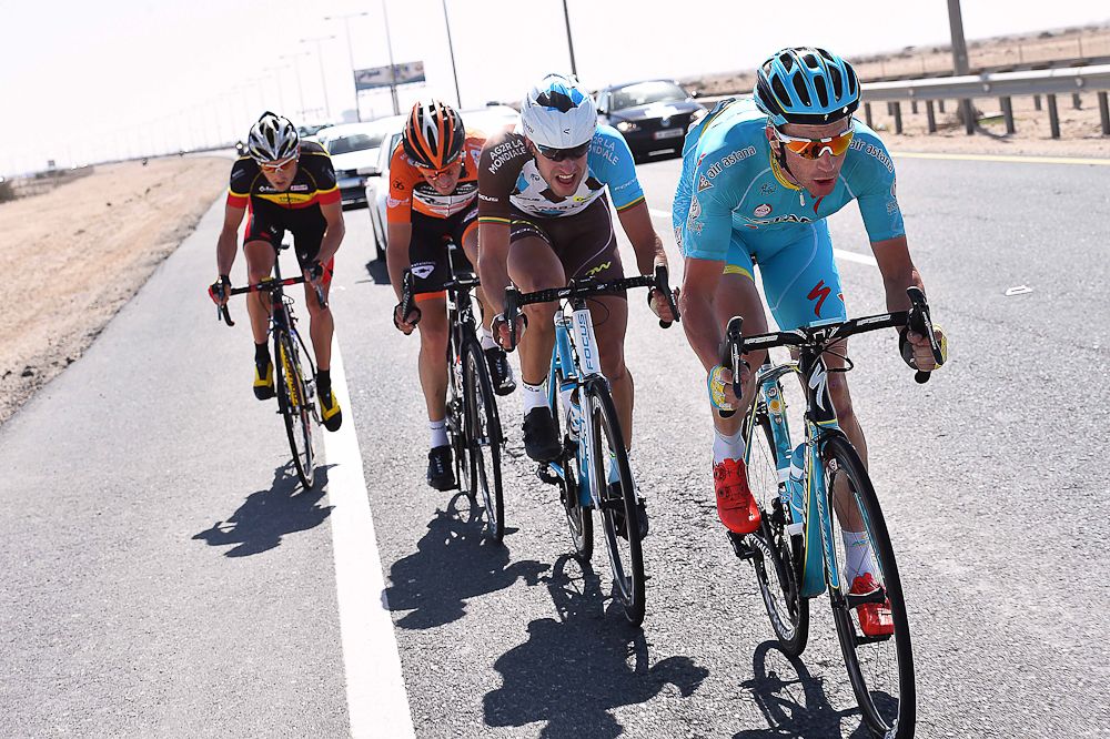 The peloton heads toward Doha City during stage 2 in Qatar