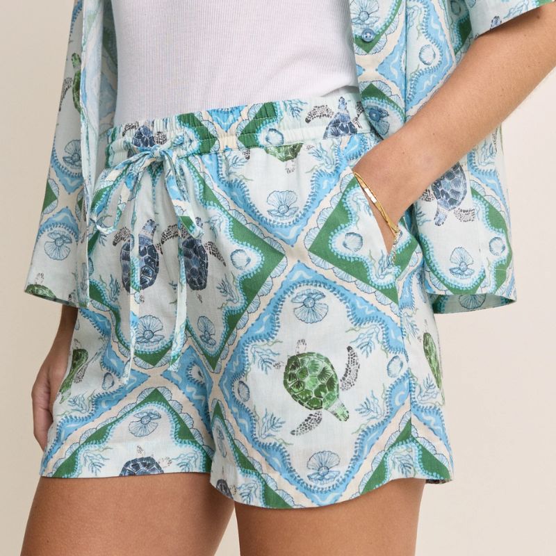 Nobody's Child , Ocean Printed Drawstring Linen-Blend Shorts