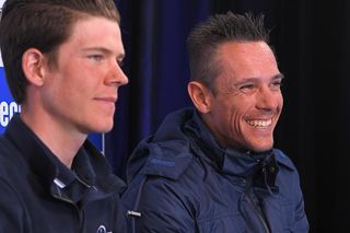 Bob Jungels and Philippe Gilbert at the Deceuninck-QuickStep press conference ahead of Tour of Flanders