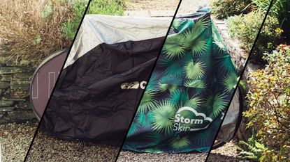 A mash-up of four images of the best bike covers fitted onto a bike