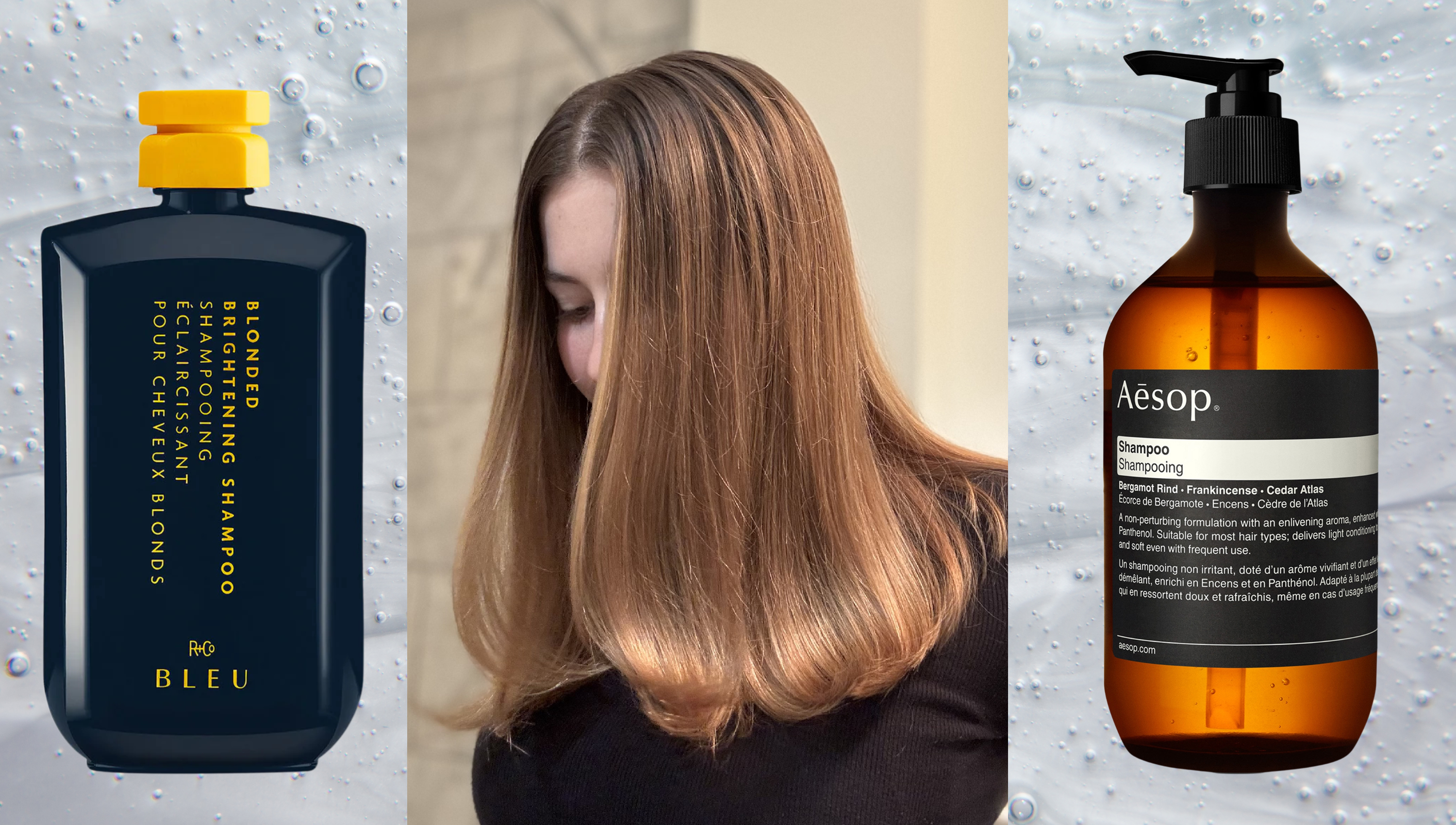 luxury shampoo side by side next to a woman with shiny brunette hair
