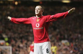 Wayne Rooney celebrates after scoring his second goal for Manchester United against Fenerbahce in September 2004.