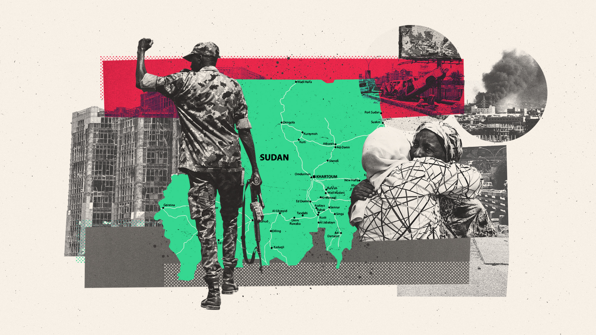 Photo composite of Sudanese military, refugees and destruction with a map of the country