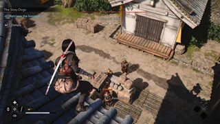 Naoe looks down at a Samurai Daisho from a rooftop in Assassin's Creed Shadows, preparing to assassinate a nearby guard in Takatsuki Castle