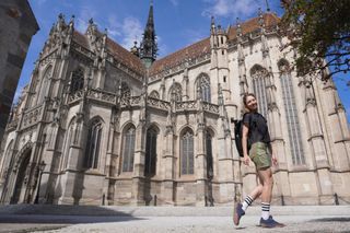 Image shows Anna walking by St Elizabeth's Cathedral in Košice, Slovakia