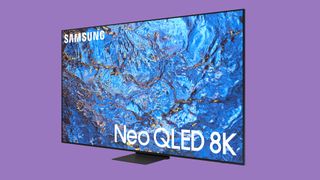 Samsung QN990C 8K TV on purple background