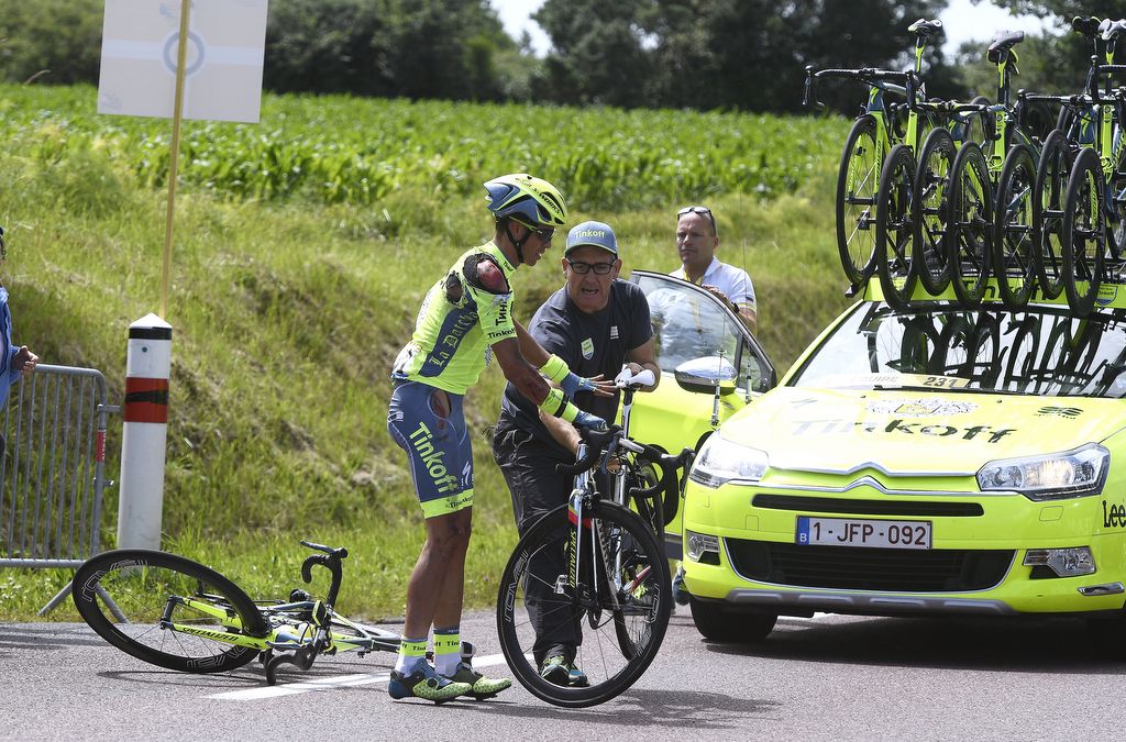 Alberto Contador needed to change back onto his bike after his crash