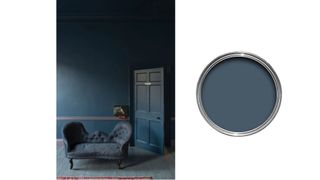 Stiffkey Blue, one of the best Farrow & Ball paints using in a living space, and a pot of the paint next to it
