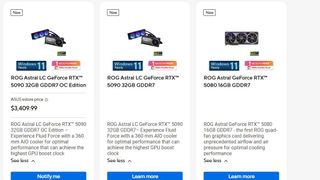 Screenshot of Asus US Store showing RTX 50-series listings