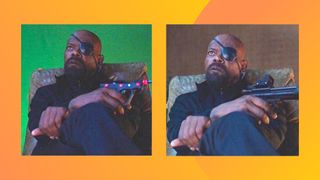 Before and after shot from Spider-man: Far From Home showing Nick Fury sitting on a chair before and after CGI