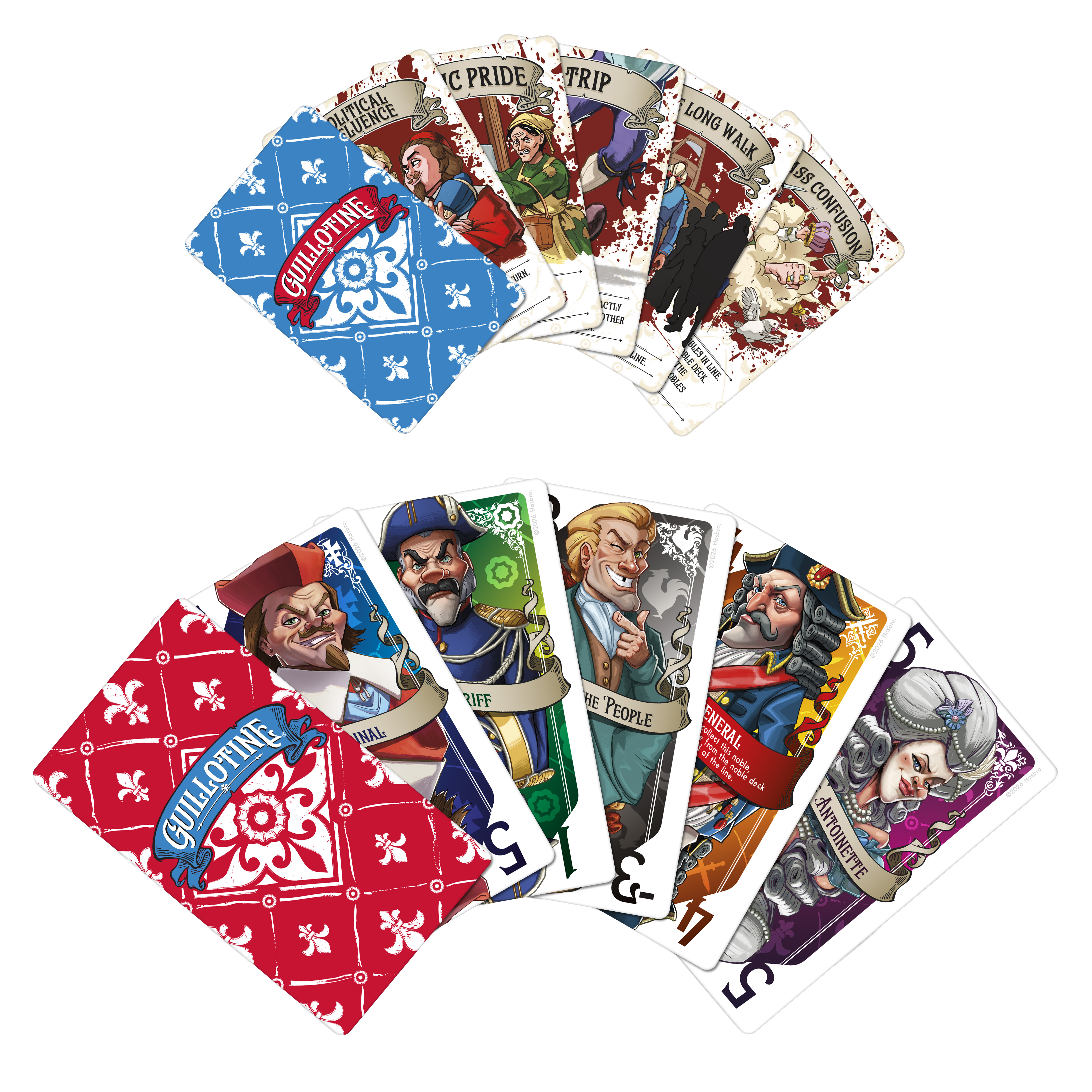 Guillotine box, cards, and prop on a plain background