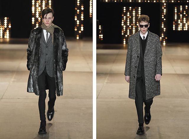 Two males modelling glittery overcoats