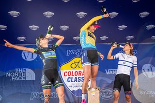 The overall top three celebrate on stage 4 of the 2019 Colorado Classic