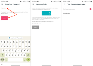 Fitbit app screenshots: a field to enter your password; a recovery code; and a 2FA page showing it as active.
