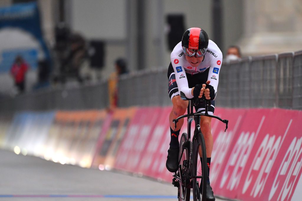 MILANO ITALY OCTOBER 25 Tao Geoghegan Hart of The United Kingdom and Team INEOS Grenadiers White Best Young Rider Jersey during the 103rd Giro dItalia 2020 Stage 21 a 157km Individual time trial from Cernusco sul Naviglio to Milano ITT girodiitalia Giro on October 25 2020 in Milano Italy Photo by Stuart FranklinGetty Images