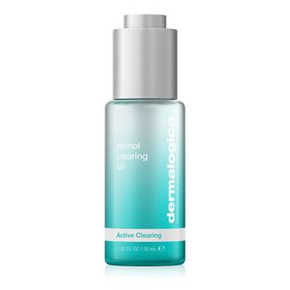 Dermalogica Retinol Clearing Oil in a gradient blue coloured bottle is one of the best retinols for acne-prone skin.