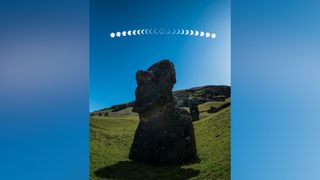 a composite image showing the sequence of the annular solar eclipse in the sky over a large moai statue.