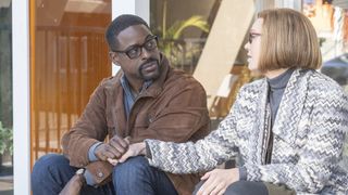 Sterling K. Brown holds Mandy Moore's hand in This Is Us