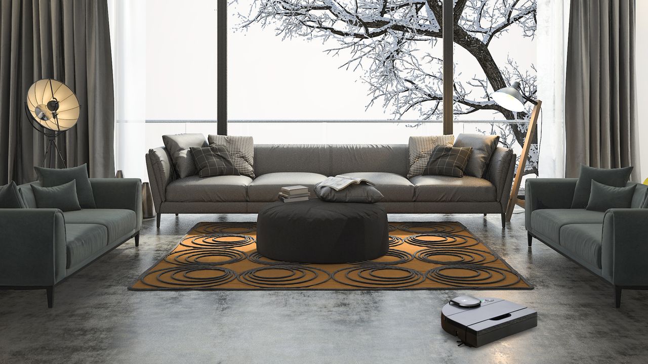 Neato D10 robot vacuum in a wintery liviing room with grey sofa