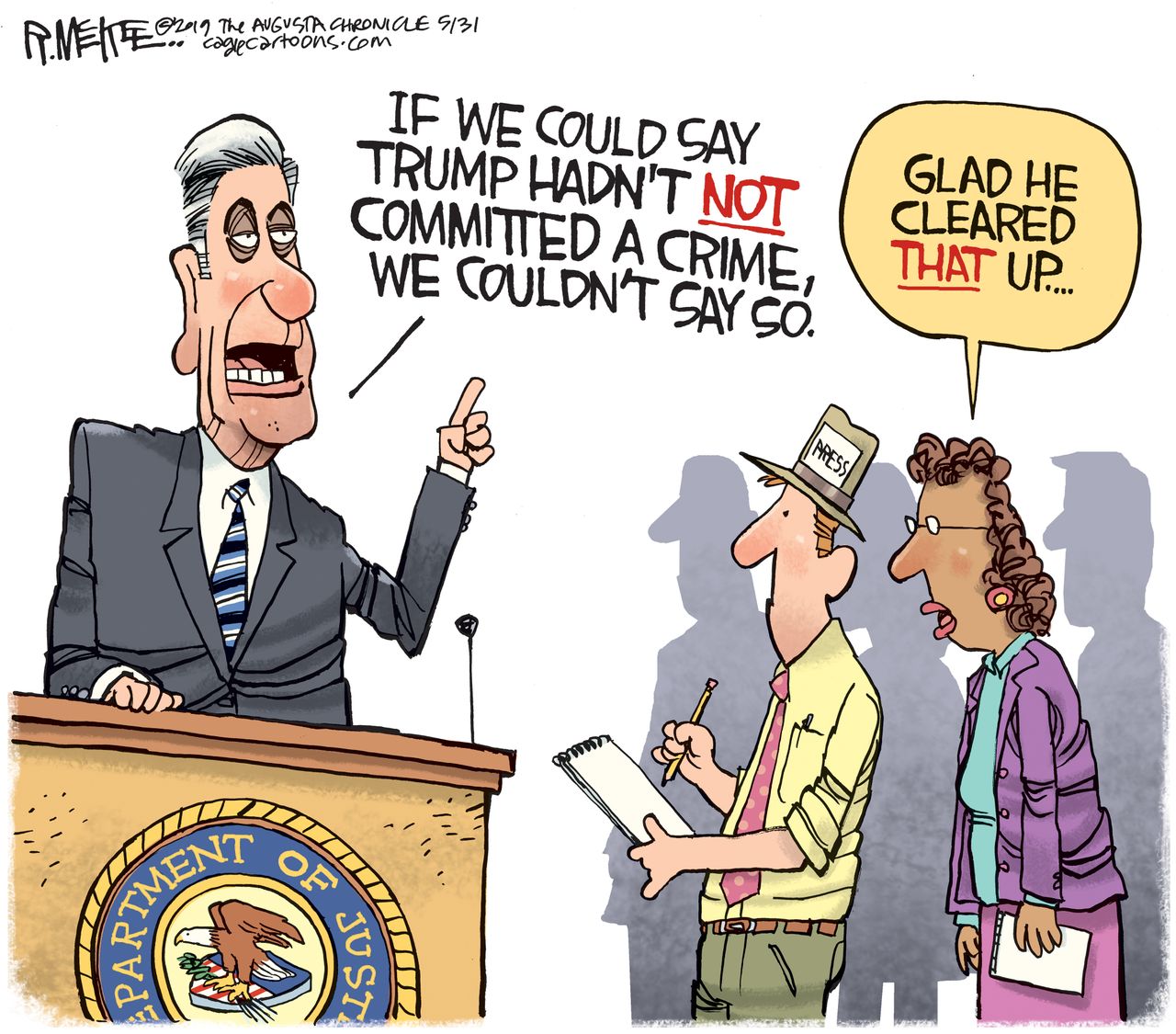 Political Cartoon U.S. Mueller Statement Confusing Reporters Response