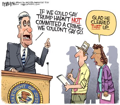 Political Cartoon U.S. Mueller Statement Confusing Reporters Response