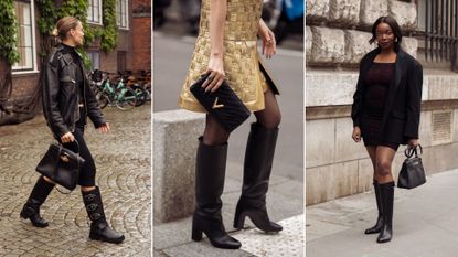 Women wearing fall boots, ankle boots, knee high boots, and leather boots