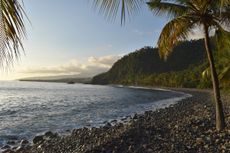 Anjouan island, off eastern coast of Africa, is mostly made of dark volcanic rocks, like these cobbles on the shoreline of one of the island's beaches. 