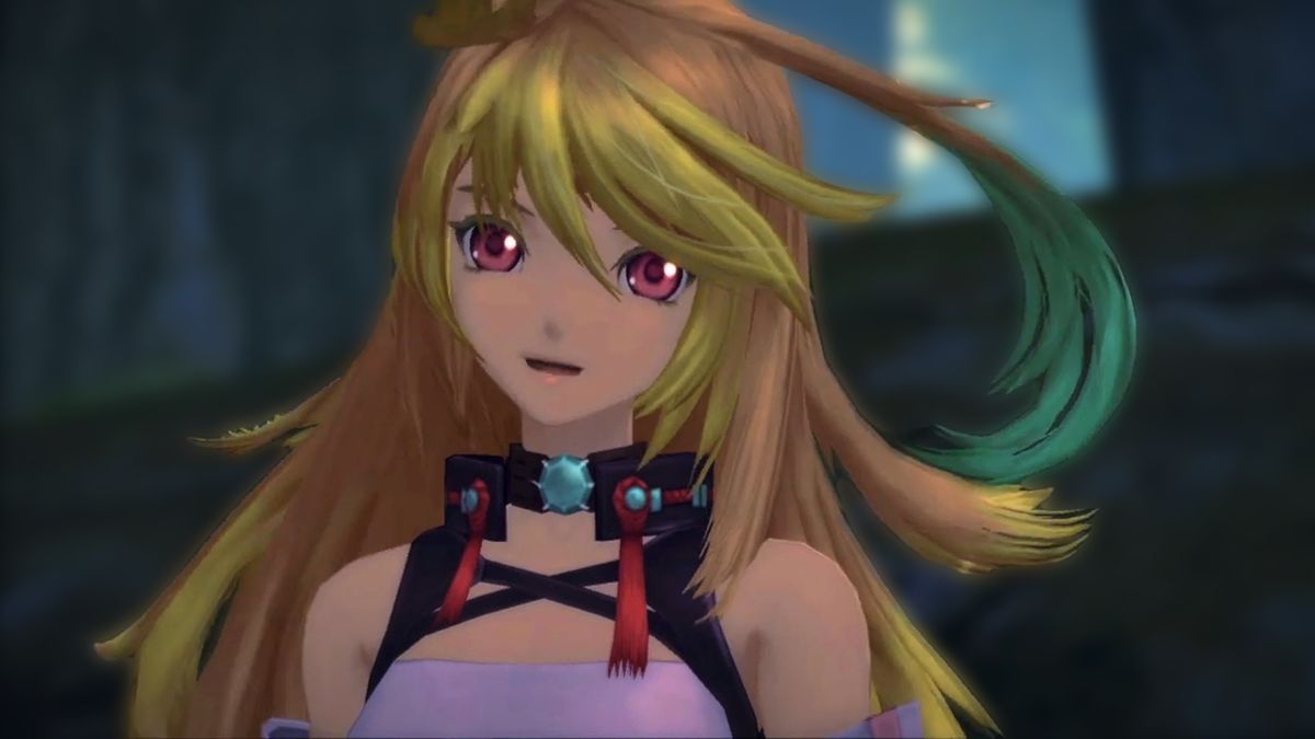 Tales of Xillia screenshot showing a young anime art-style woman with long blonde hair and pinkish red eyes smiling