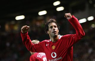 Ruud van Nistelrooy celebrates after scoring a goal for Manchester United against Benfica in the Champions League in September 2005.