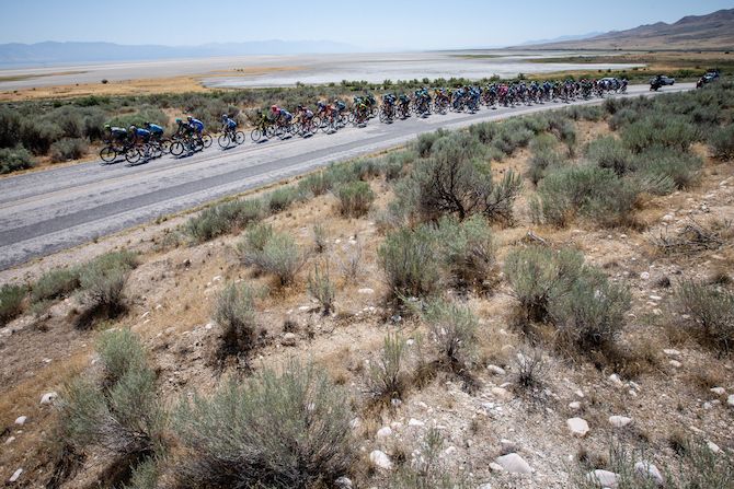 The peloton leaves the start on Antelope Island for stage 3 of the 2019 Tour of Utah