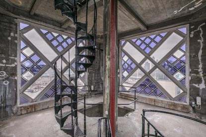 spiral stairs, glass window