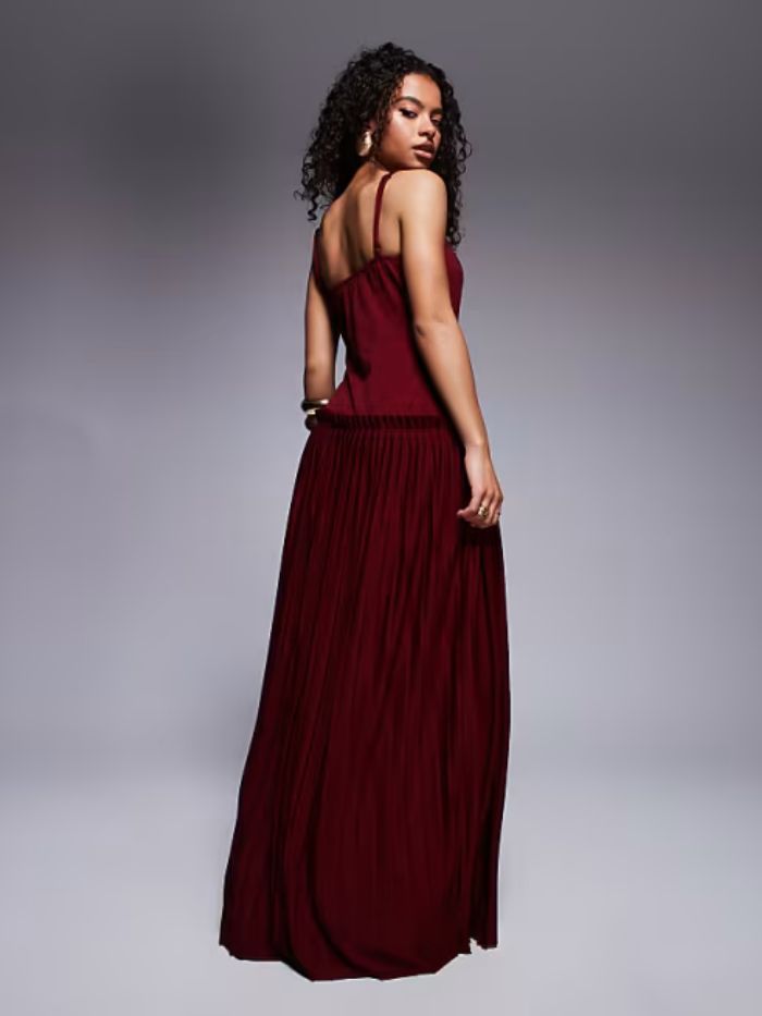 ASOS DESIGN Petite square neck pleated maxi dress with dropped waist