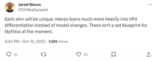 Twitter or X post by Overwatch 2 executive producer Jared Neuss explaining what's different about a new skin