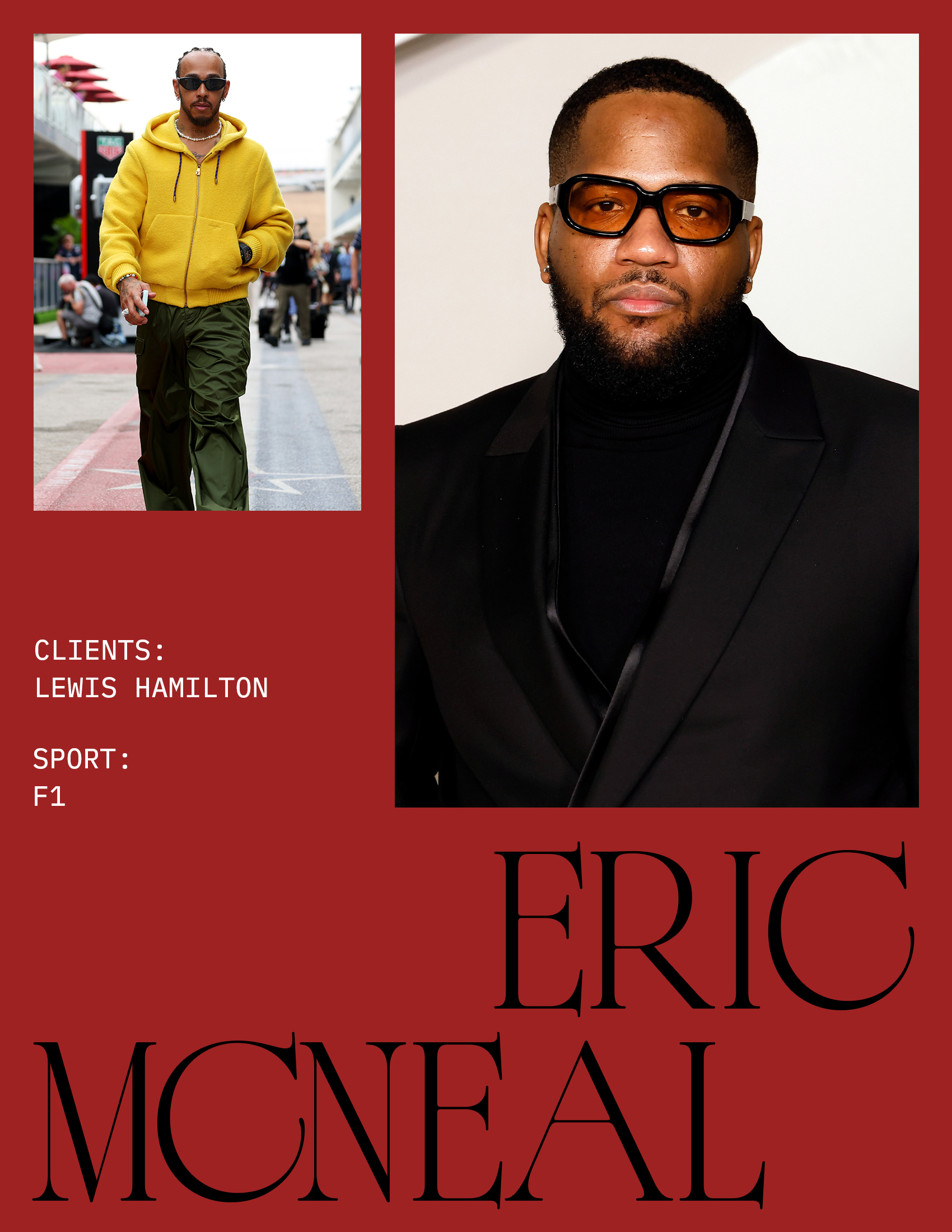 A dark red slide spotlighting the sports stylist Eric McNeal and his top client, Lewis Hamilton, F1 driver for Scuderia Ferrari.