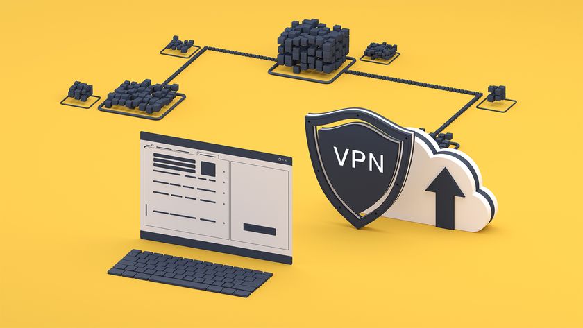 VPN concept image showing a desktop computer connected to a VPN with interlinked data points.