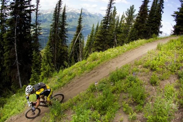 A rider zips along some high speed singletrack