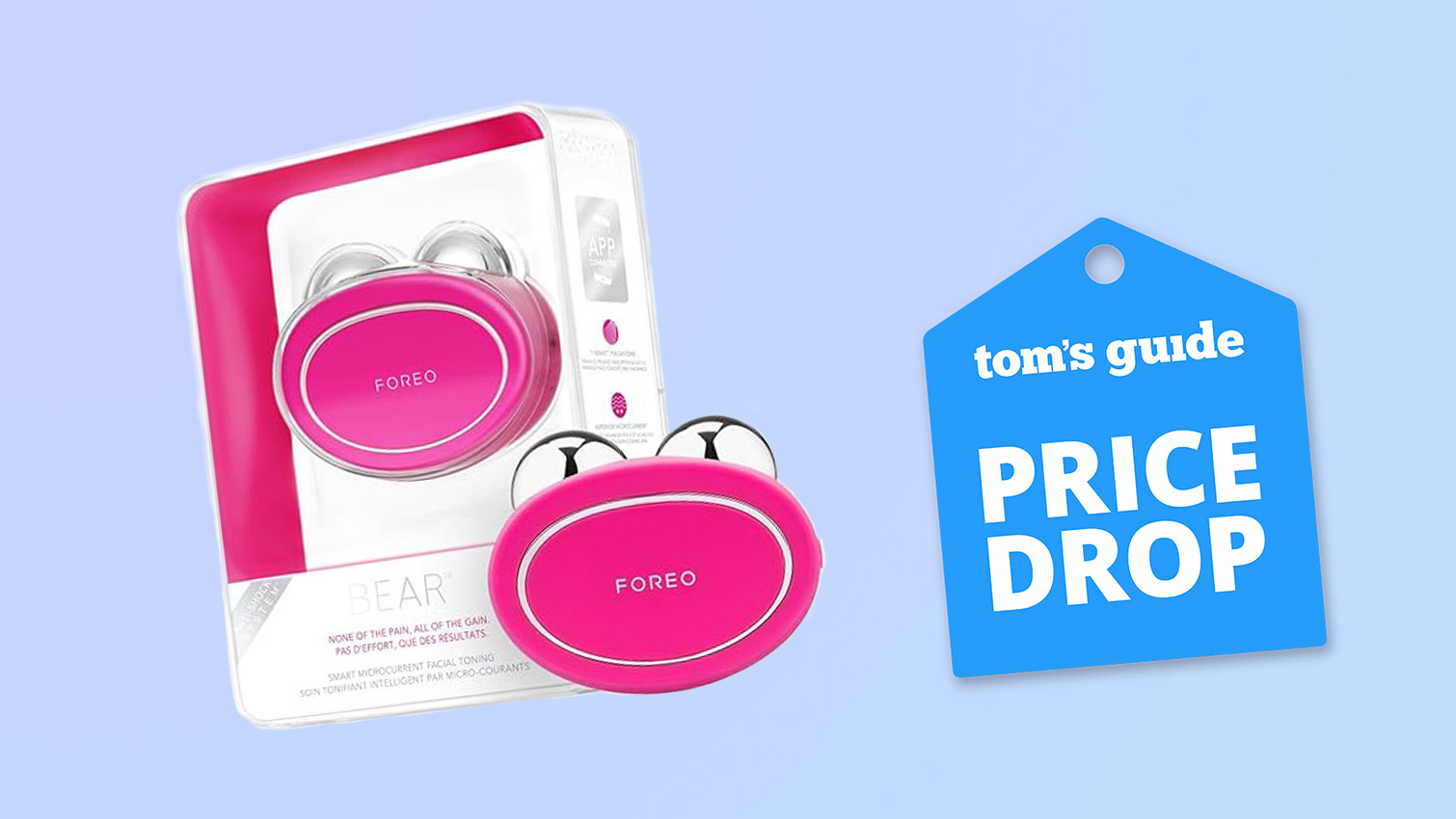 The Foreo Bear Microcurrent Facial Device on a blue background with a price drop tag